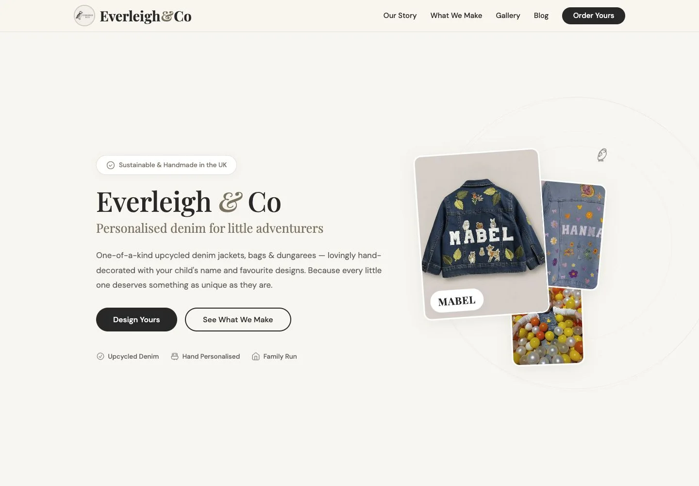 Everleigh & Co website, designed for a handmade children's denim brand