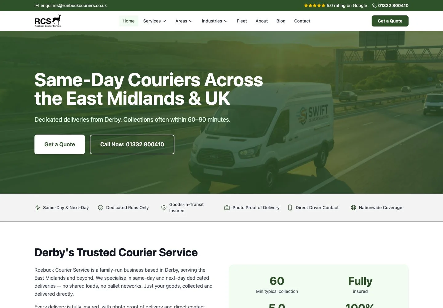 Roebuck Courier Service website with delivery services and quote links